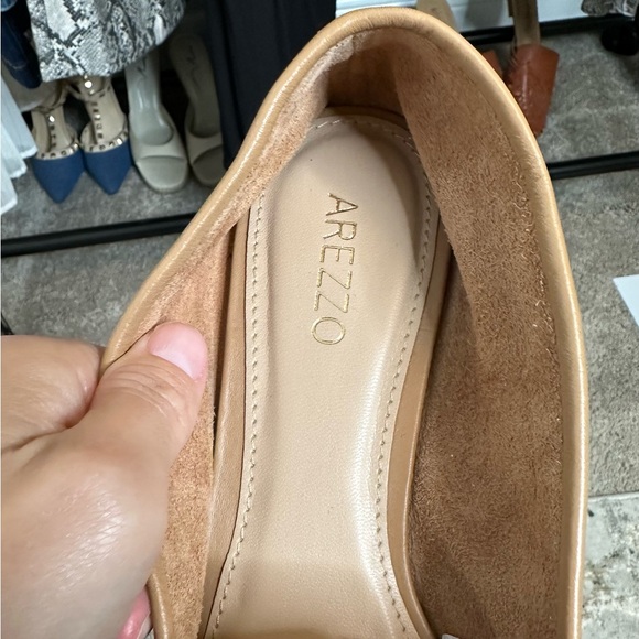 Arezzo women’s tan neutral color leather loafer with large gold buckle accent - Picture 7 of 13